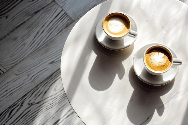 Photo two cups of coffee sit on a table one of which has a leaf design on the side