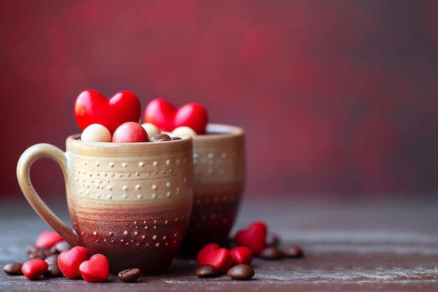 Two cups of coffee with heart shaped candies on wooden table with bokeh background