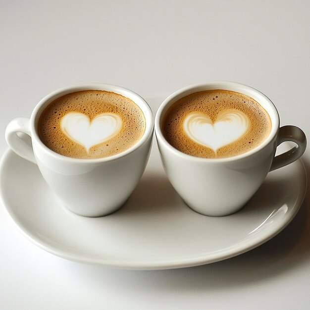 two cups of coffee with heart shapes on them and one with a heart drawn on the top