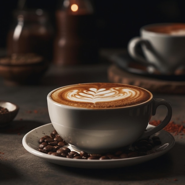 Two cups of coffee with a latte art on the rim.