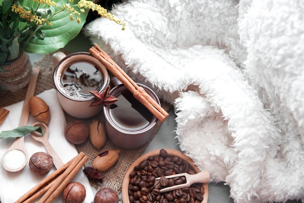 Two cups of coffee with macadamia nuts and cinnamon on a background of blankets