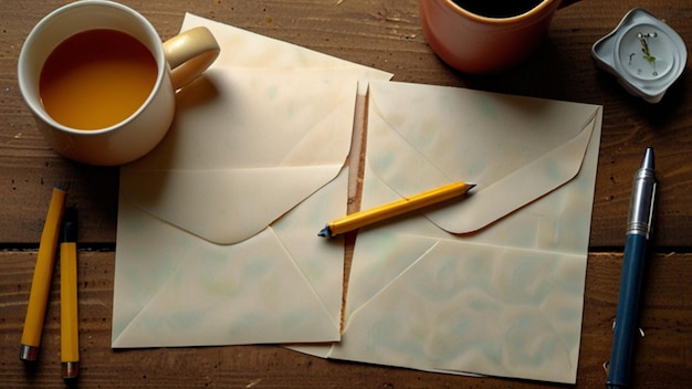 two cups of coffee and a yellow pencil are on a table