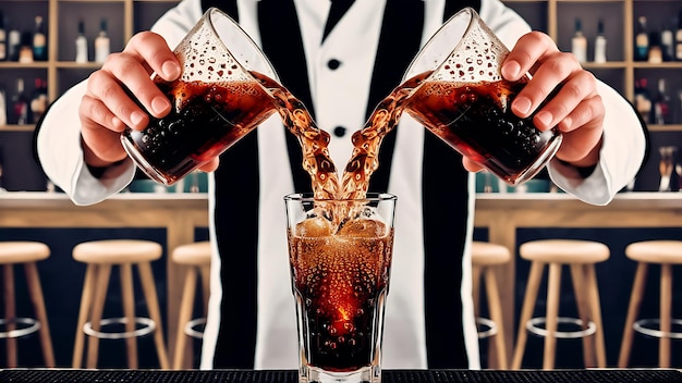 two cups of cola soft drink being poured into glass