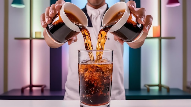 two cups of cola soft drink being poured into glass