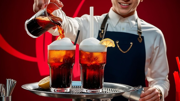 two cups of cola soft drink being poured into glass