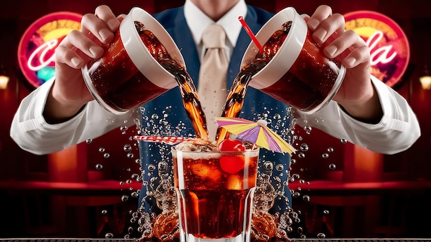 two cups of cola soft drink being poured into glass