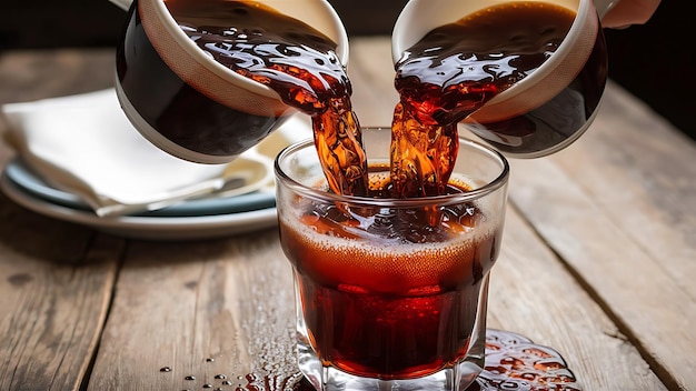 two cups of cola soft drink being poured into glass