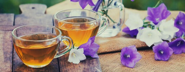 Two cups of herbal tea in the garden Horizontal banner