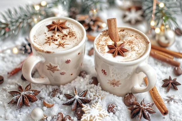 Two cups of hot chocolate with christmas decoration on snow closeup