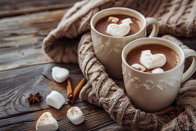 Photo two cups of hot chocolate with heart shaped marshmallows over a wooden background