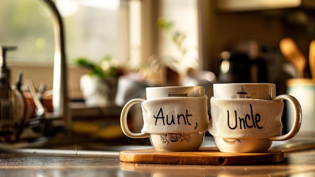 Two cups labeled Aunt and Uncle rest on wooden tray in cozy kitchen