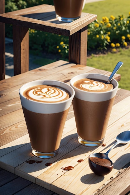 Photo two cups of latte art on wooden table with spoon and chocolate