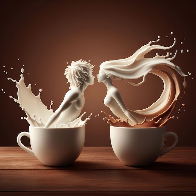 Two cups of milk and coffee splashing out transformed into a man and woman