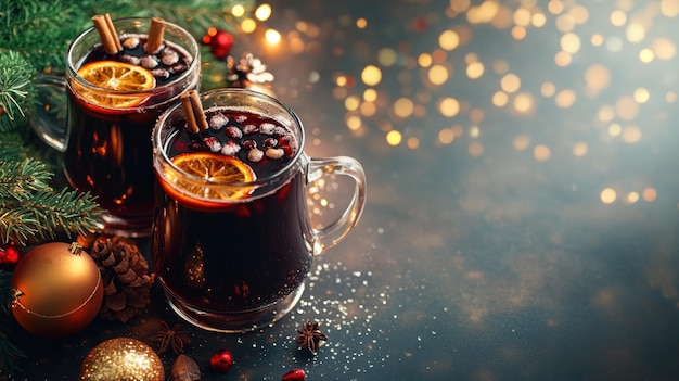 Photo two cups of mulled wine with festive decorations