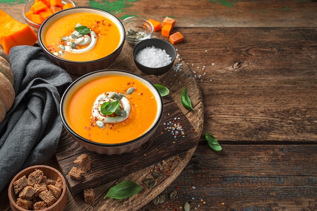 Two cups of pumpkin soup with basil and cream on a wooden background Side view space for copying