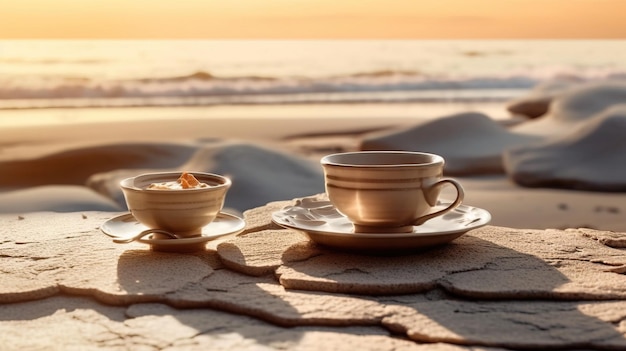 A two cups and saucers on a beach Generative AI Art