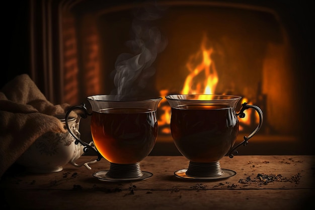 Two cups of steaming hot tea in front of fireplace.