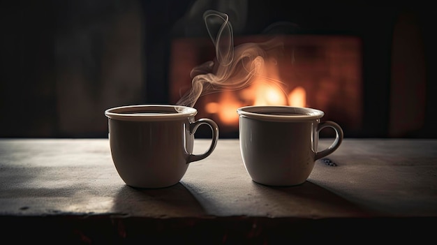 Two cups of steaming tea in front of the fireplace cozy home vibes concept