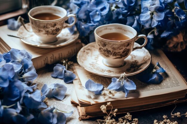 Two cups of tea on a book with a book that says'the secret garden'on it