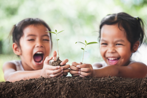 Two cute asian child girls planting young tree on black soil together