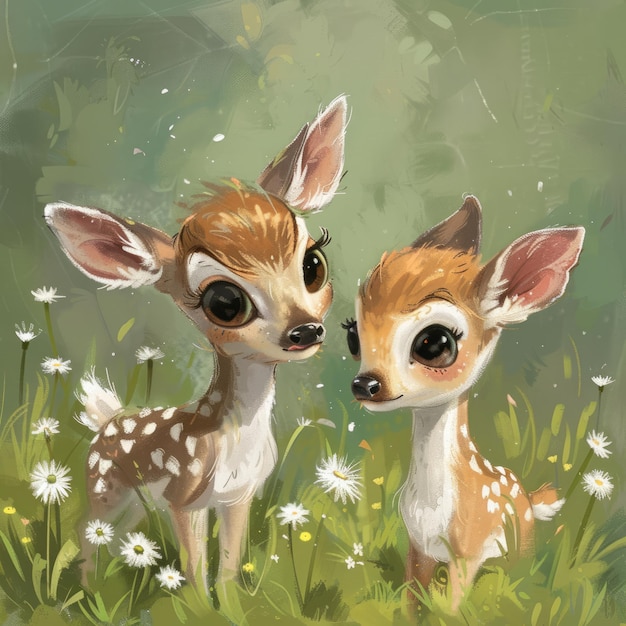 Two Cute Baby Deer in a Flowery Meadow