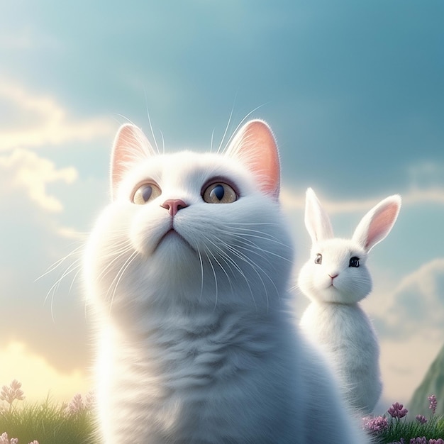 Two cute baby white rabbit look sky art images Generative AI