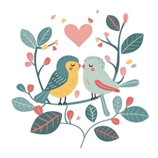 Photo two cute birds sharing a tender moment on a floral branch perfect for valentines day generative ai