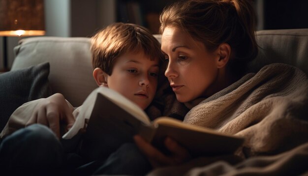 Two cute boys bonding over bedtime story generated by AI