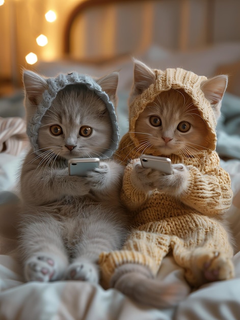 Photo two cute british shorthair kittens sitting on top of bed