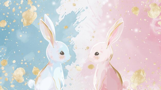 Photo two cute bunnies pink and blue watercolor background perfect for easter spring love and childrens designs