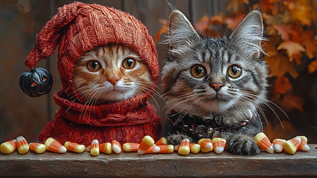 Two cute cats dressed up for Halloween one in a red knitted hat with a jackolantern charm and the other with a black collar are sitting in front of a pile of candy corn