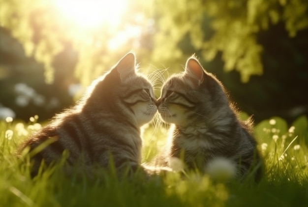 Two cute cats on green grass with blurred background of early morning sun