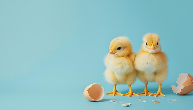 Two cute chicks and pieces of eggshell on pastel blue background closeup with space for text