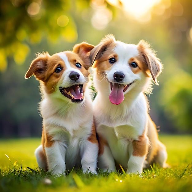 two cute dogs are plying outdoor