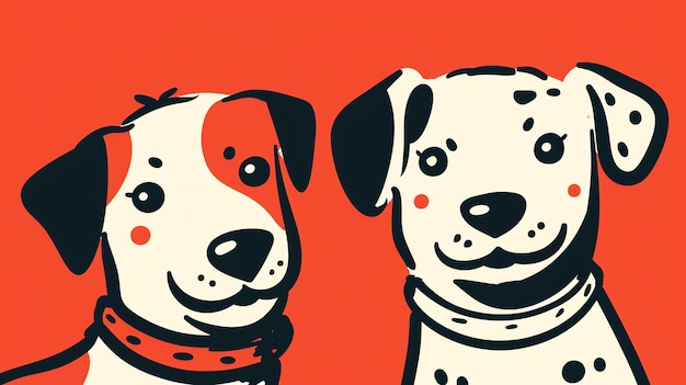 Two cute dogs a brown and white Jack Russell Terrier and a black and white Dalmatian are sitting side by side against a red background