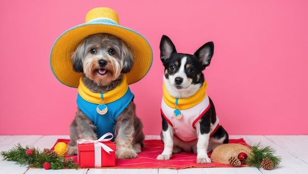 Photo two cute dogs with red collars sit with a basket and tropical leaves on pink