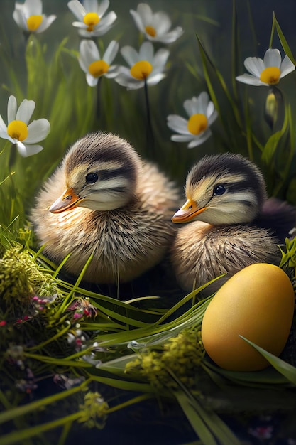 Two cute ducklings in the nest near the eggs