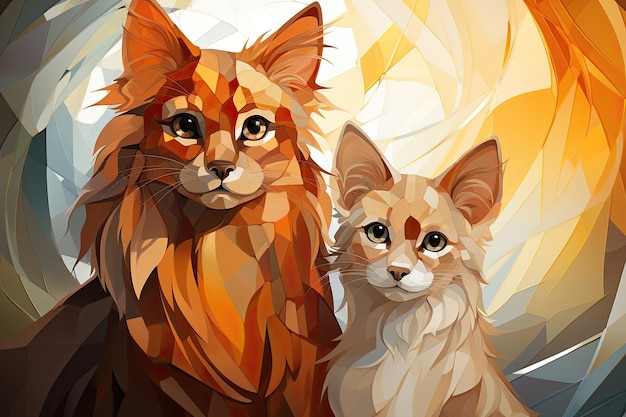 Two cute fluffy domestic cats on an abstract background