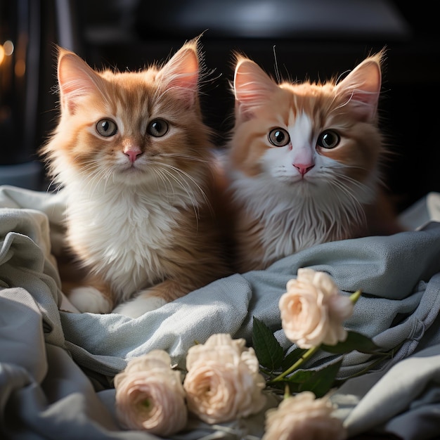 Two cute fluffy kittens sit next to each other on towels on a blurred background Favorite pets