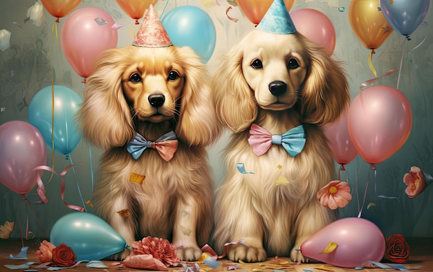 Two cute happy puppy dogs with a birthday cake celebrating at a birthday party Created with Generative AI technology