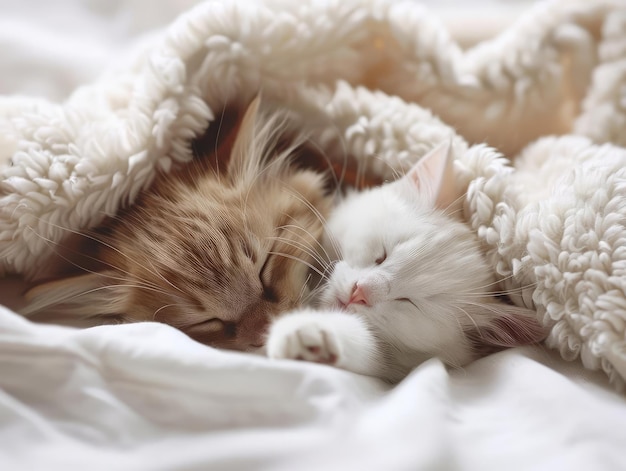 Photo two cute kittens sleeping under a white blanket