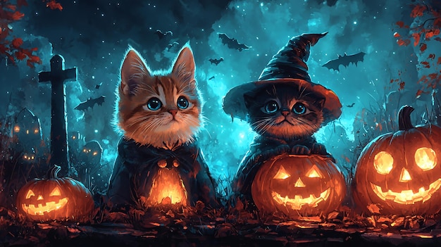 Two cute kittens in witch costumes with glowing jackolanterns in a spooky Halloween forest