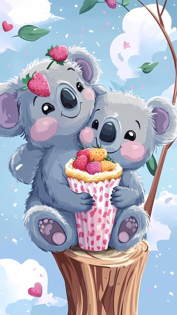 Two cute koalas hugging while holding a cup of colorful snacks in a bright cheerful setting