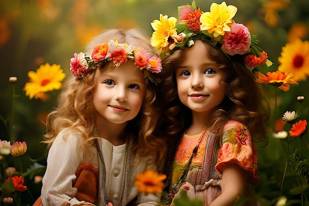 two cute little girls wearing flower crown