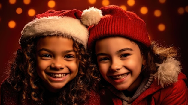 Two cute little girls wearing santa hats hugging each other