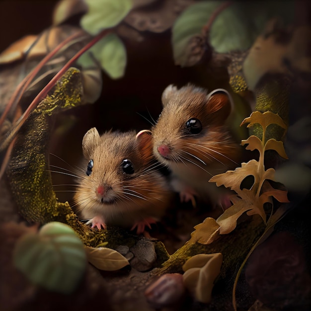 Two cute little hamsters in a nest made of moss and leaves