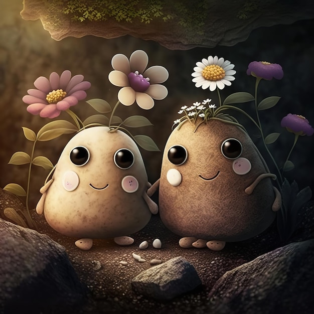 Two cute little monsters are holding flowers in their hands and looking at each other.