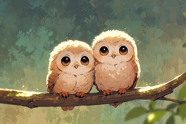 Two Cute Owlets Couple Sitting Next to Each Other