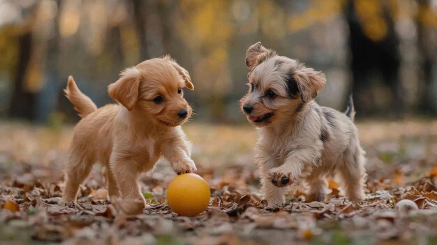 Photo two cute puppies playing with an orange ball in the autumn park