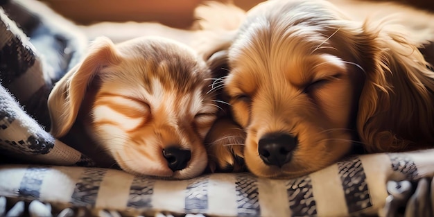 Two cute puppies sleeping in a basket on the bed